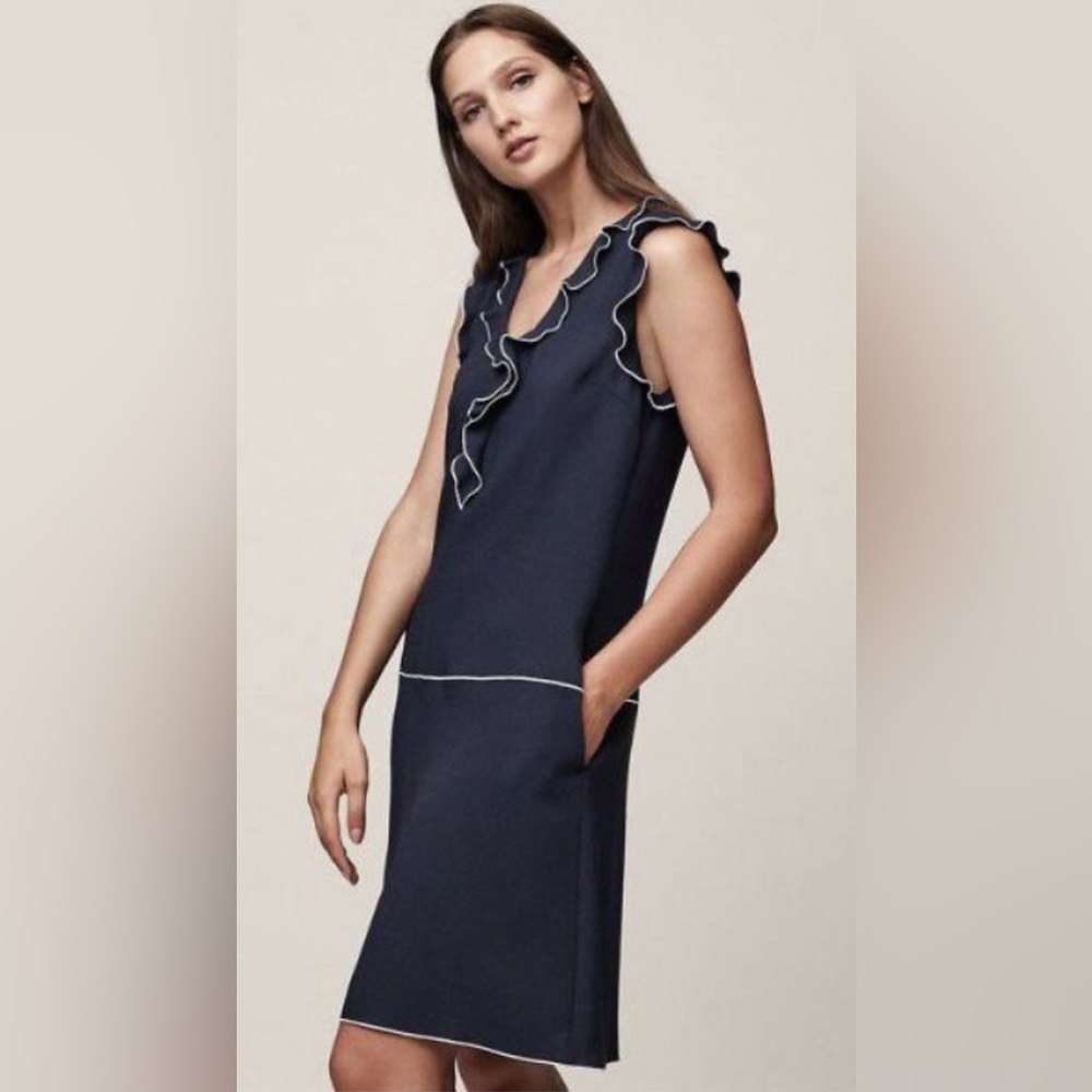 REISS Vivienne Ruffle-detail Shirt Dress In Night Navy Size 8 sleeveless